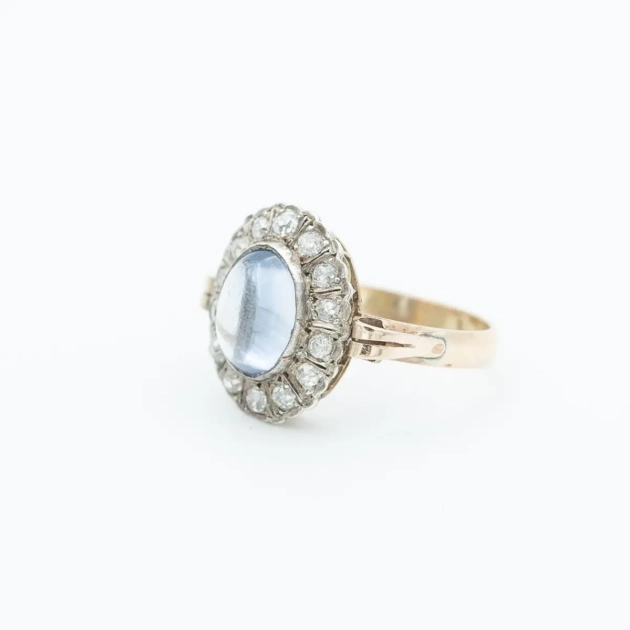 Inel aur 14k anturaj safir si diamante, Romania 1900-1937