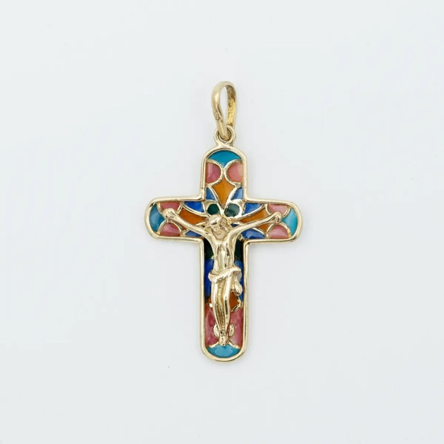 Pandant cruciulita aur 14k cu email, Plique-a-jour