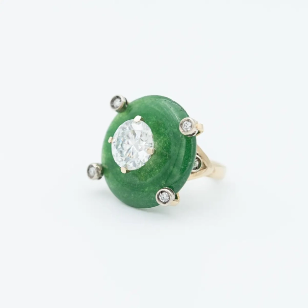 Inel creatie atelier Ador Bijoux, aur 14k, jad imperial, diamante, moisanit