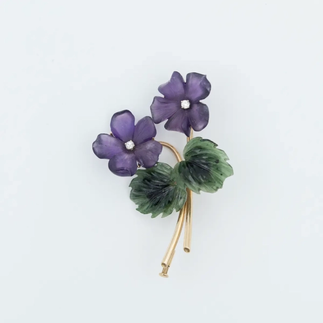 Brosa vintage "Doua violete", aur 14k, ametist, jad nefrit, diamante, Austria 1940-1960