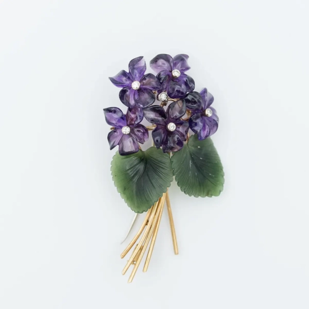Brosa vintage aur 14k, ametist, jad nefrit, diamante, Austria 1950-1970