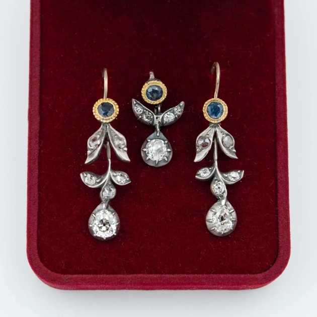 Set vintage aur 14k, argint, diamante 3.55ct, safire
