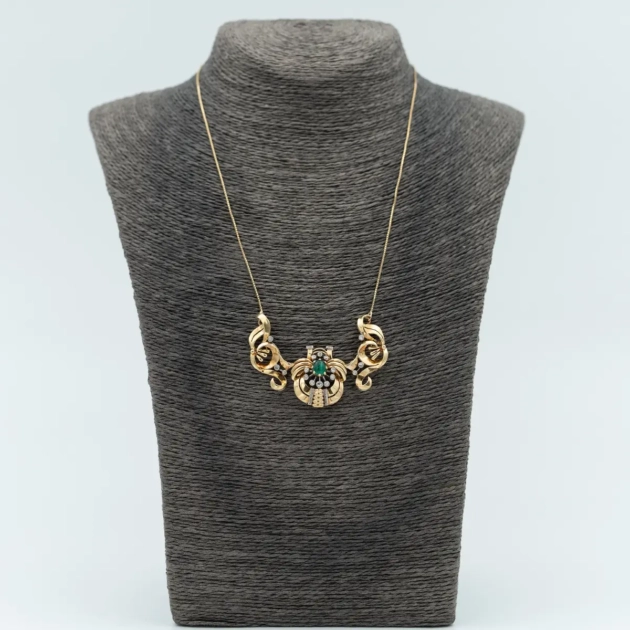 Colier vintage Art Nouveau, aur 18k, diamante, smaralde