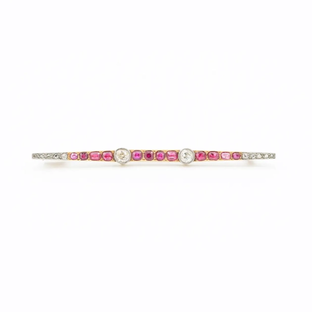 Brosa Art DECO, aur, rubine, diamante