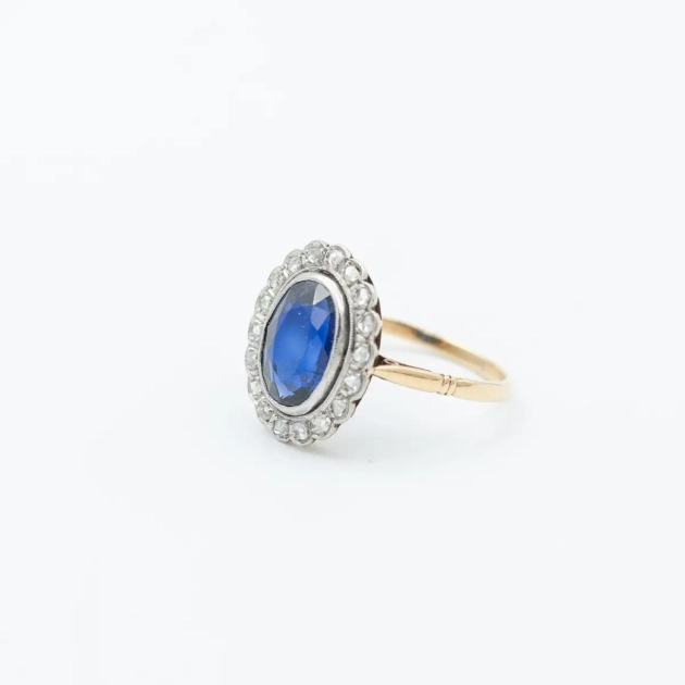 Inel ART DECO anturaj aur, platina, safire si diamante