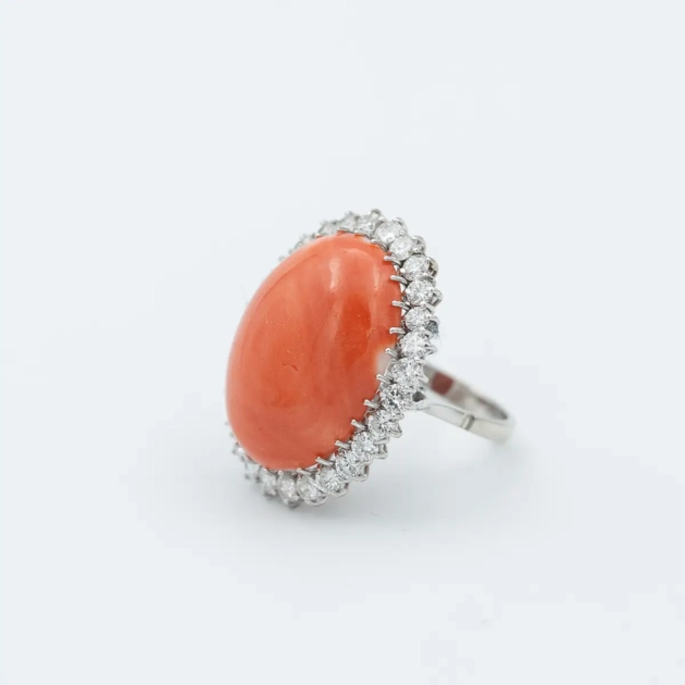 Inel vintage aur alb 18k, diamante si coral
