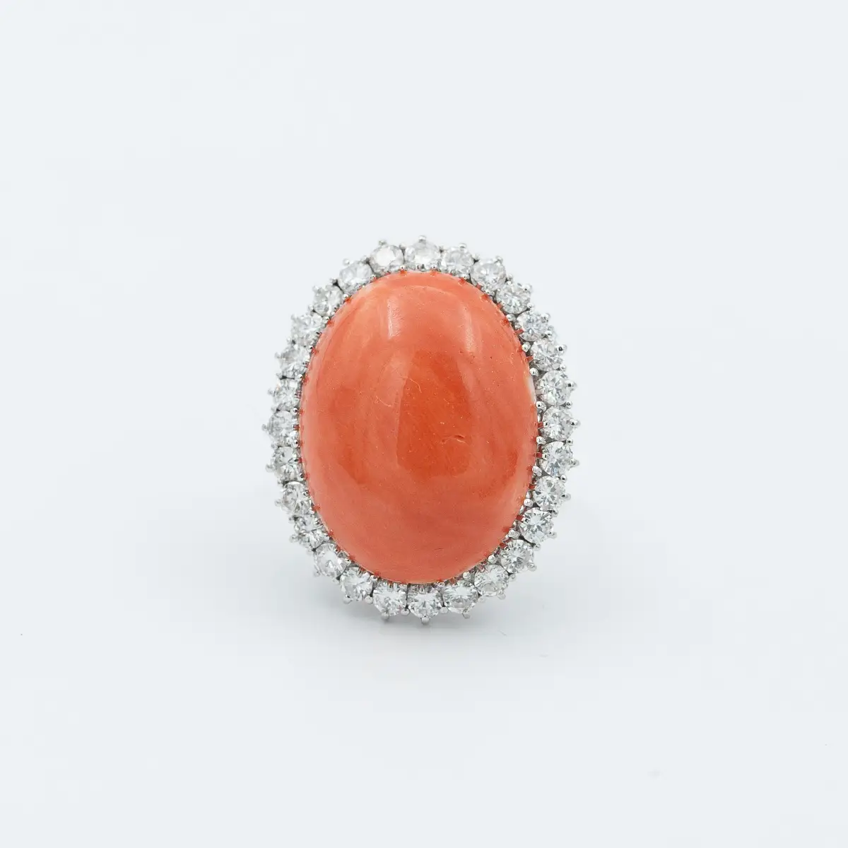 Inel vintage aur alb 18k, diamante si coral - imagine 2