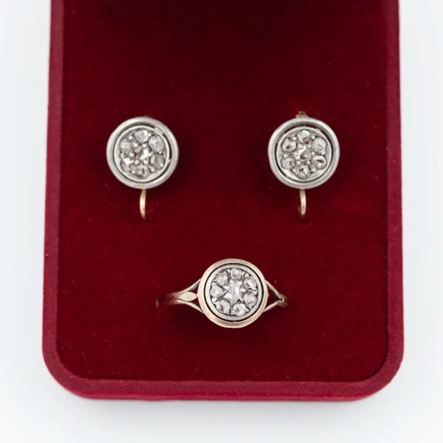 Set autentic ART DECO, aur 18k, argint, diamante 1,1 ct