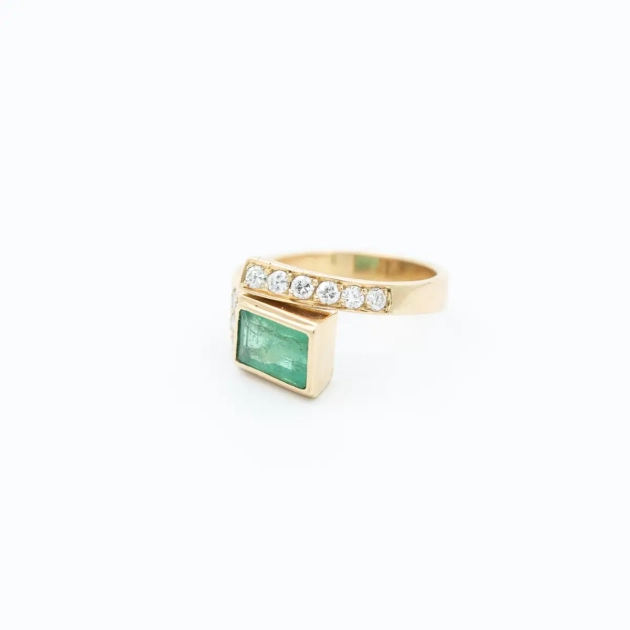 Inel vintage aur, 18k, smarald si diamante