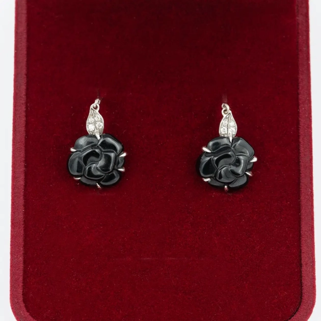 Cercei original CHANEL, aur 18k, diamante, onix