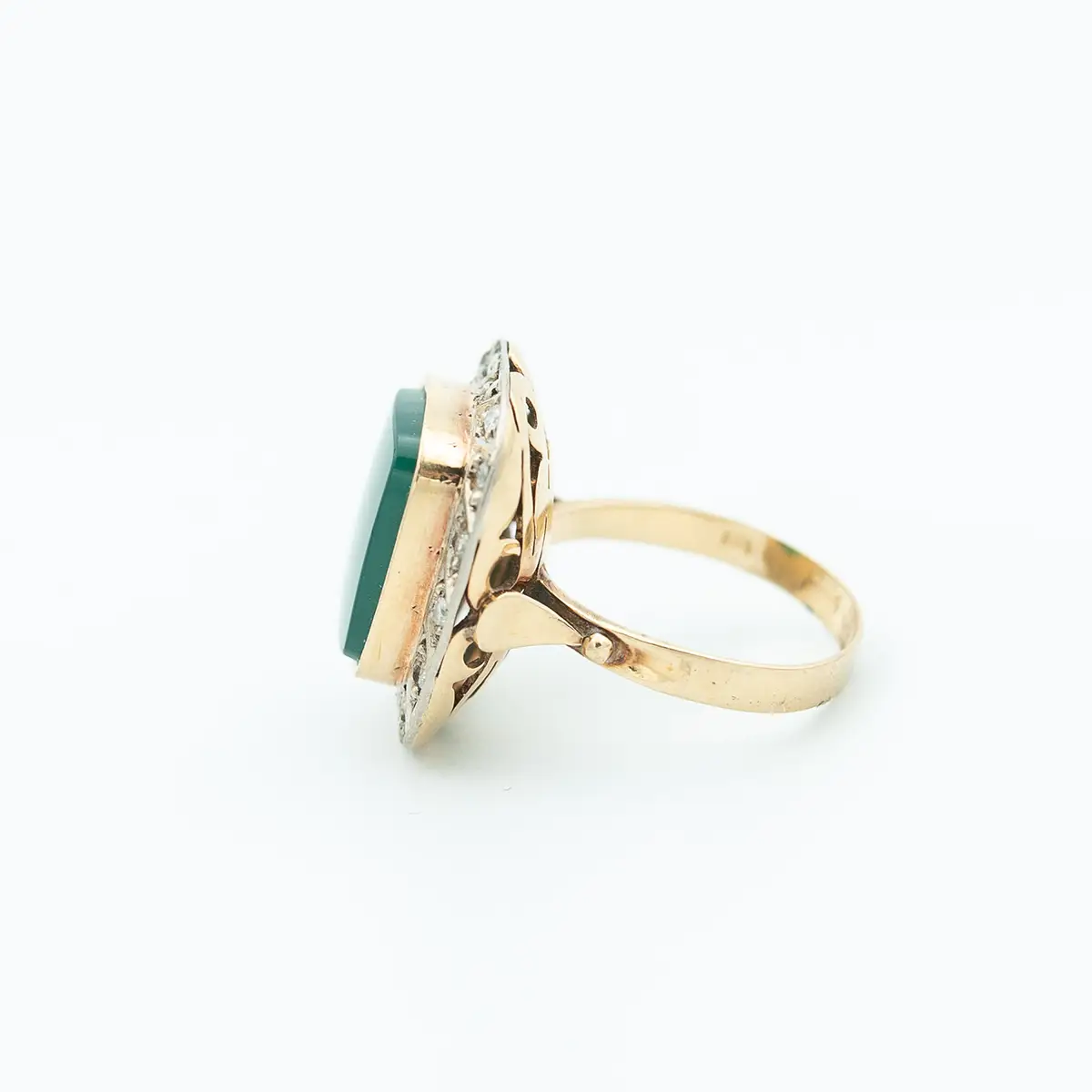 Inel vintage aur 14 k, calcedonia anturata cu diamante - imagine 3