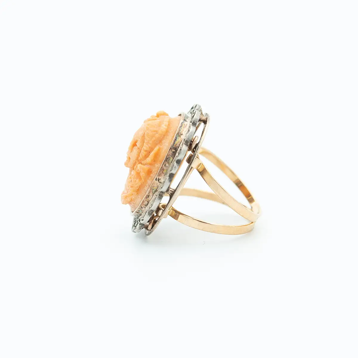 Inel vintage aur 14 k, coral natural anturat cu diamante - imagine 3