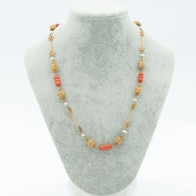 Colier Etrusc aur 14 k, coral natural, perle baroc
