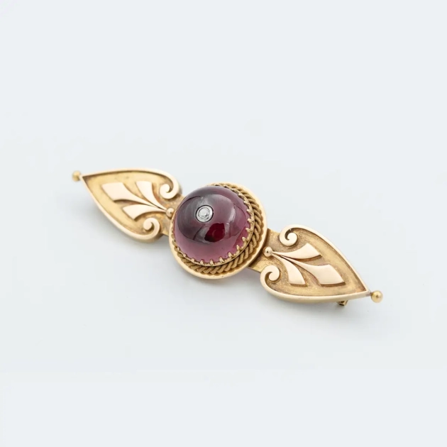 Brosa autentica victoriana, aur 18k, granat, Franta 1880-1930