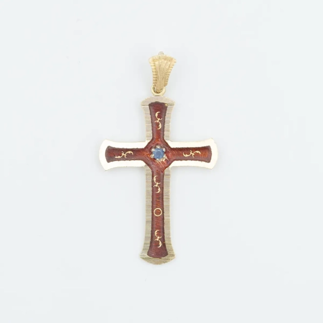 Pandant cruciulita, aur 18k, email, safir