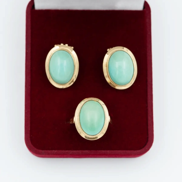Set inel si cercei, aur 18k, turcoaz natural