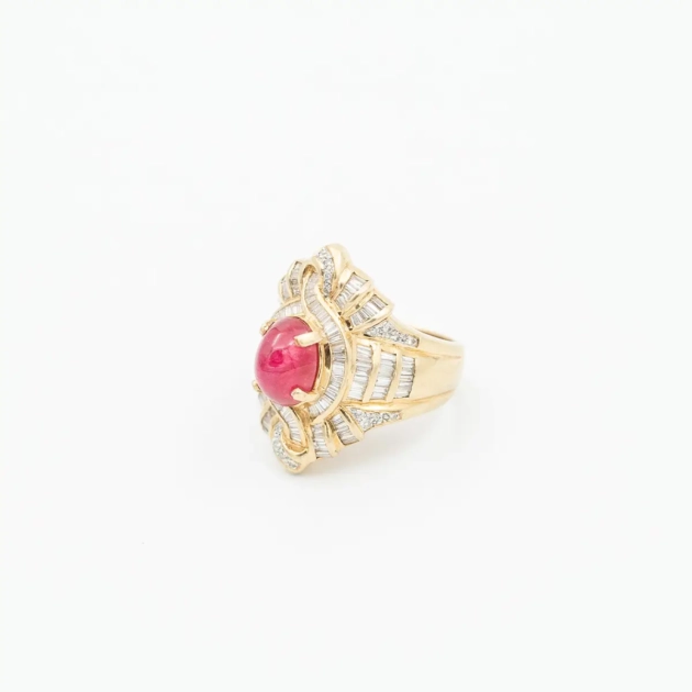 Inel aur 18k, diamante si turmalina rosie