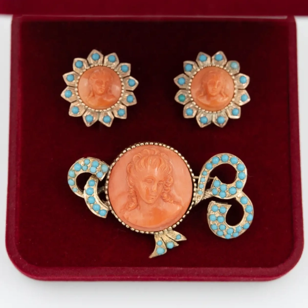 Set cercei si brosa, aur 14 k, coral natural si turcoaz