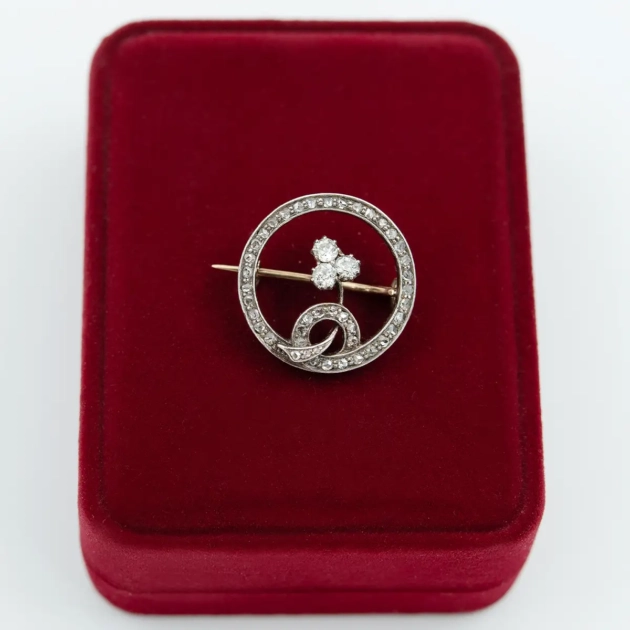 Brosa autentica Art Nouveau, aur 14K, diamante 1,8 ct