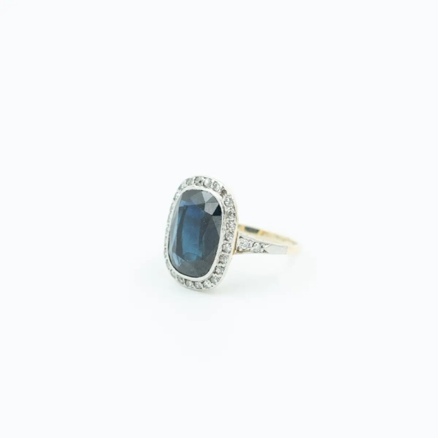 Inel autentic Art Deco, aur 14K, platina, safir 6-7ct si diamante 0,9ct