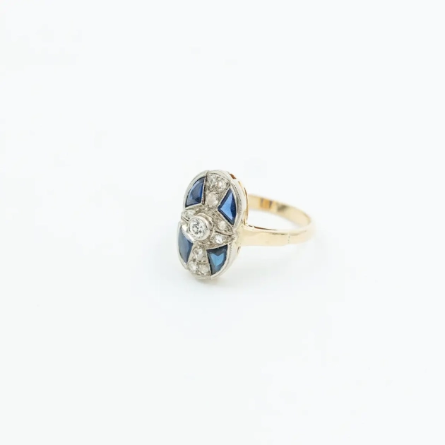 Inel autentic Art Deco, aur 18K, platina, safire si diamante