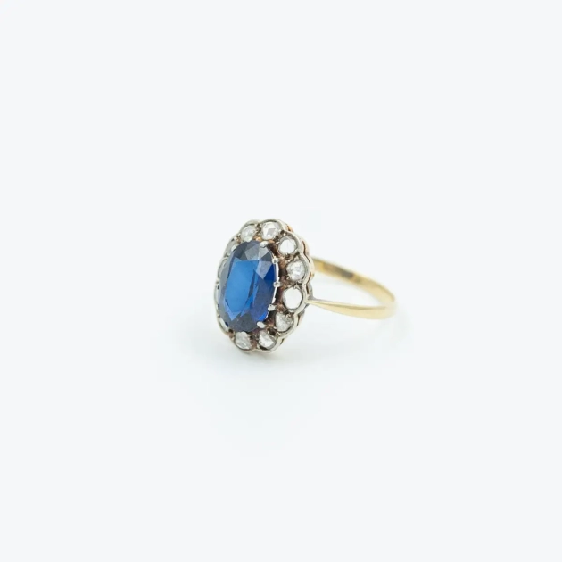 Inel autentic Art Deco, aur 18K, safir si diamante