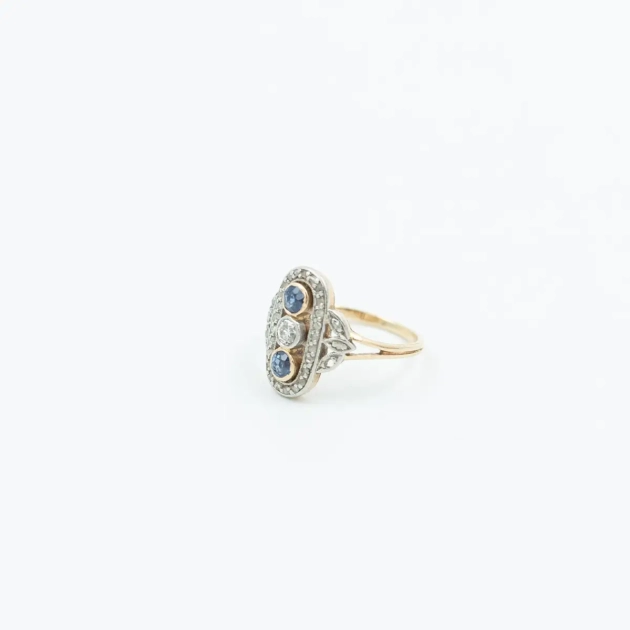 Inel autentic Art Deco, aur 18K, safire si diamante