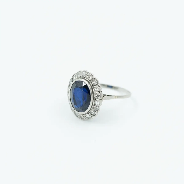 Inel autentic Art Deco, safir 6ct si diamante 1ct
