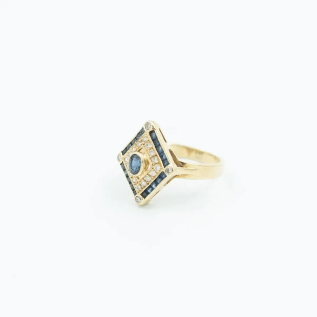Inel vintage aur 18K, safire si diamante