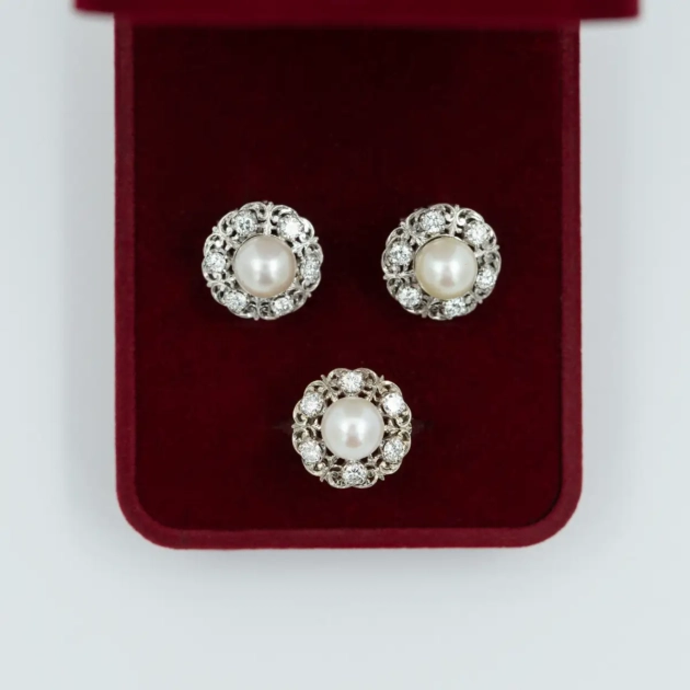 Set vintage aur 18K, diamante 1,8ct si perle naturale de apa sarata