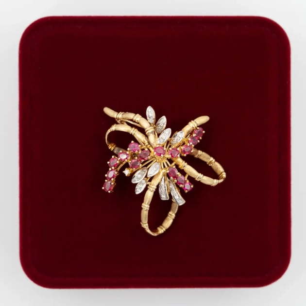 Brosa vintage, aur 18K, diamante si rubine