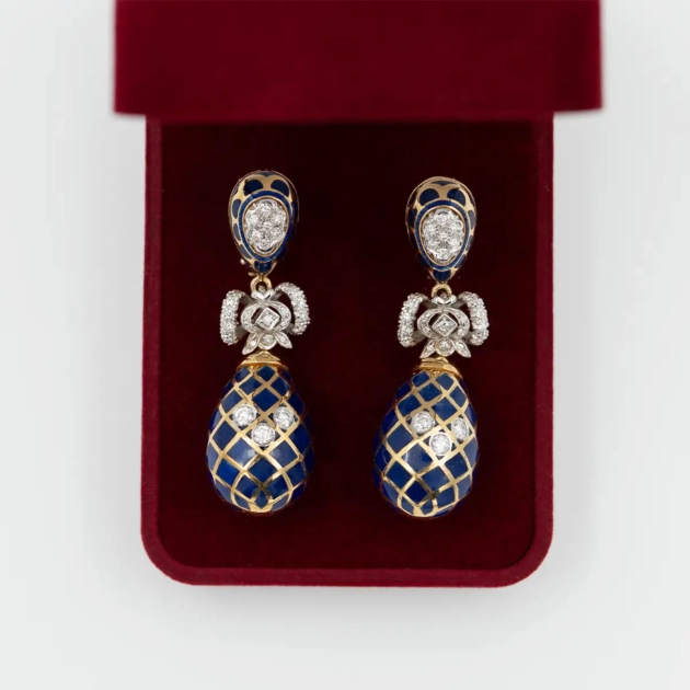Cercei vintage aur 18k, diamante si email cobalt