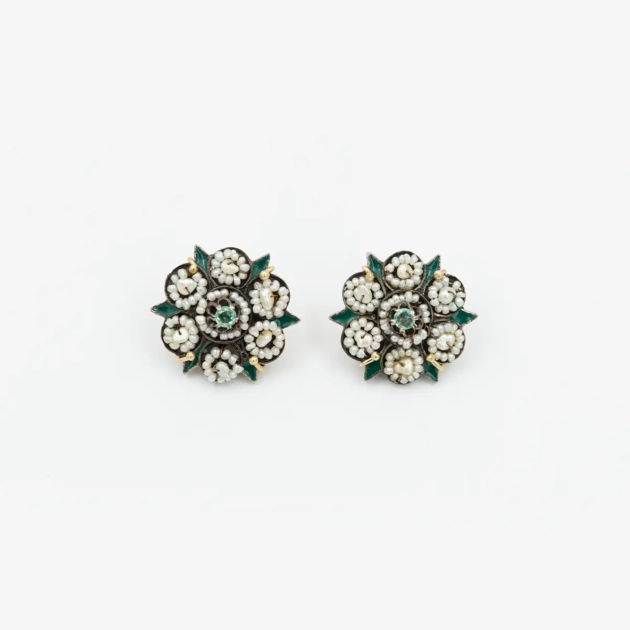 Cercei vintage aur 18k, smarald, email, perle