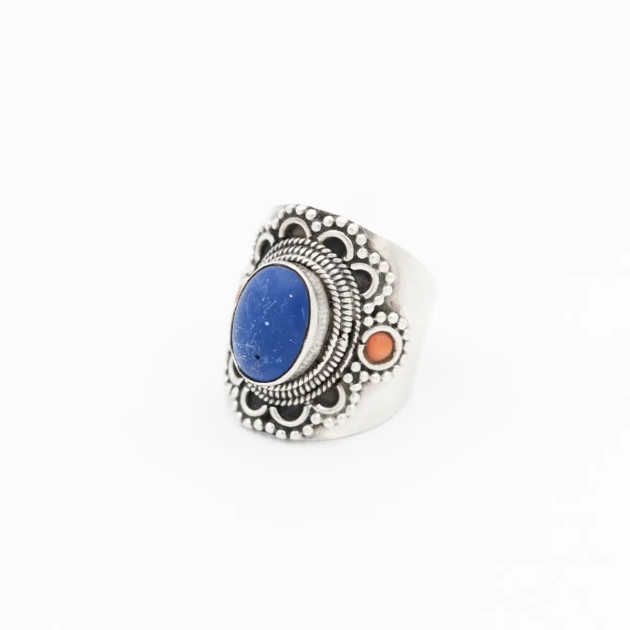 Inel vintage din argint cu lapis lazuli si coral