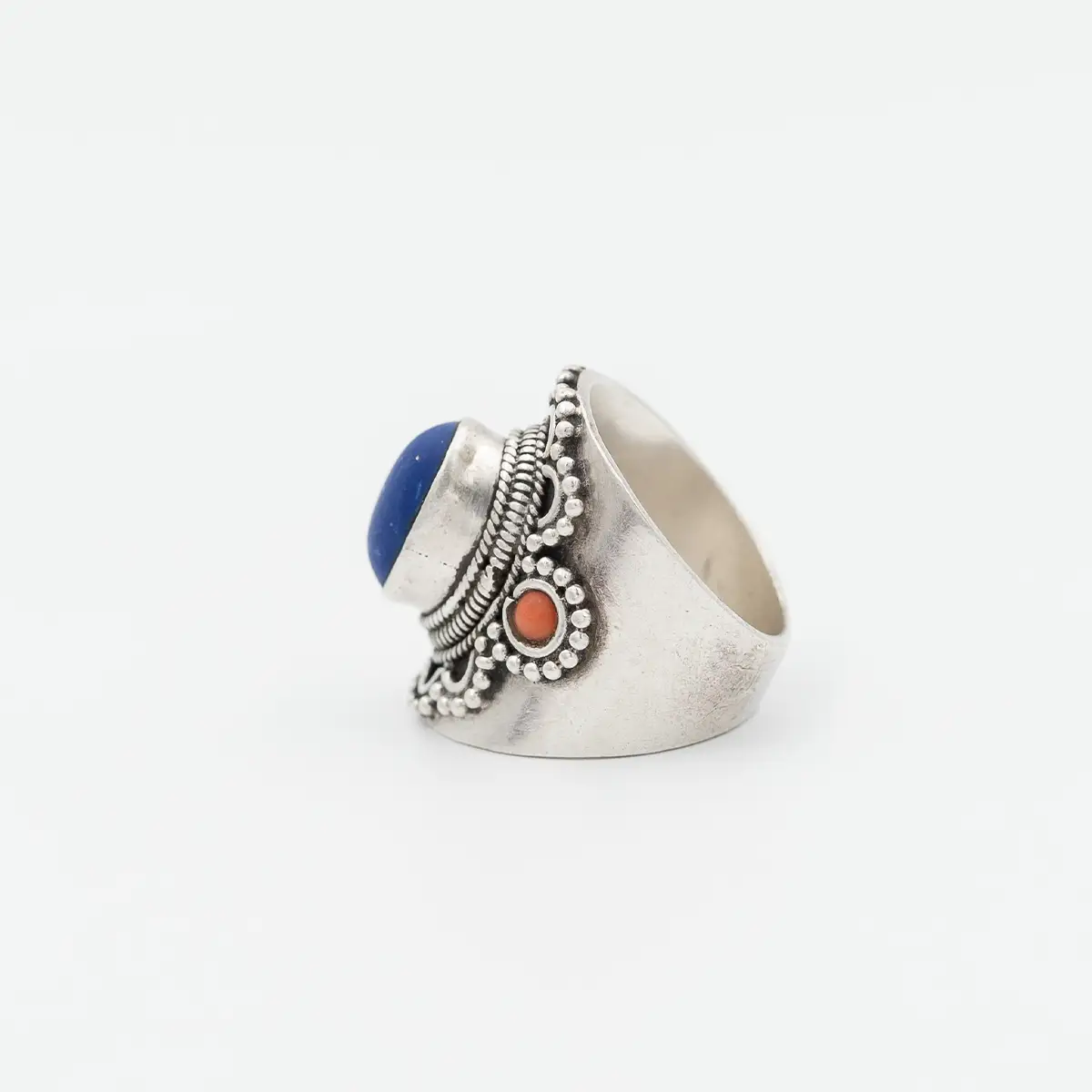 Inel vintage din argint cu lapis lazuli si coral - imagine 4