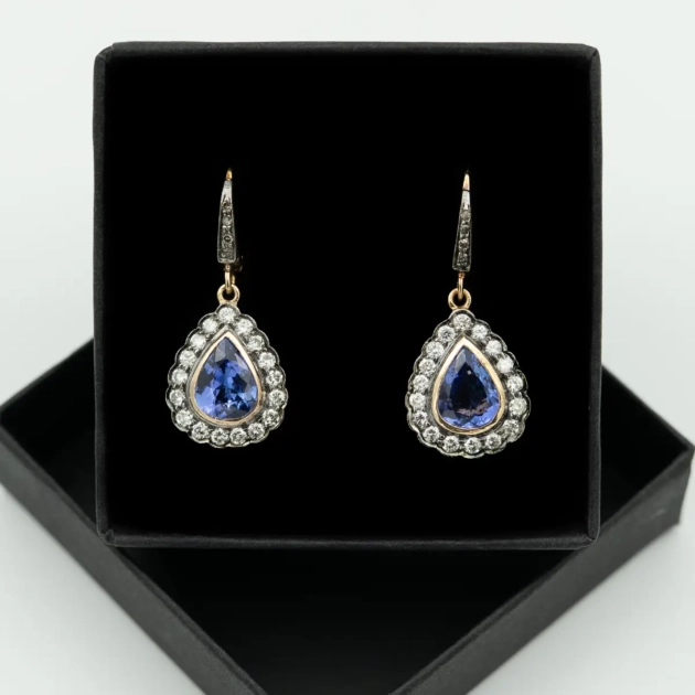 Cercei vintage aur 18k, tanzanite si diamante
