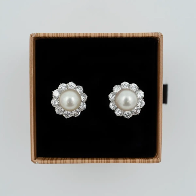 Cercei vintage, platina, diamante 4.88ct si perle de apa sarata