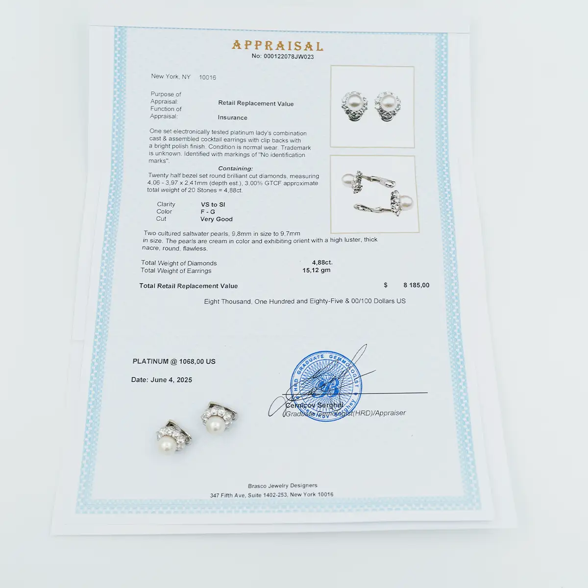 Cercei vintage, platina, diamante 4.88ct si perle de apa sarata - imagine 3