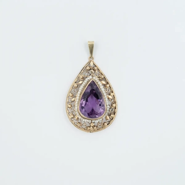 Pandant vintage aur 14k, ametist si perle de apa dulce