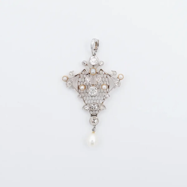 Autentic pandant Art Nouveau, aur 18K, argint, diamante 2.96ct si perle naturale