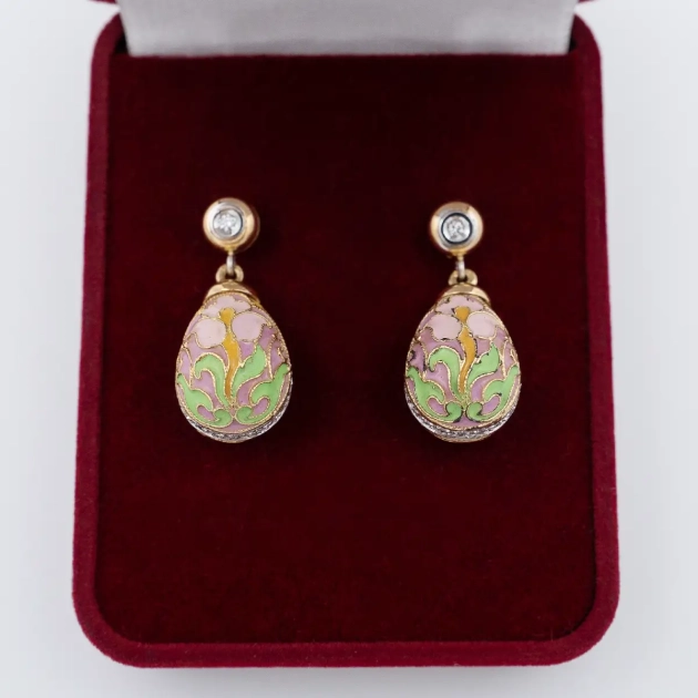 Cercei aur 18K, email asezat la cald, diamante 0.5ct