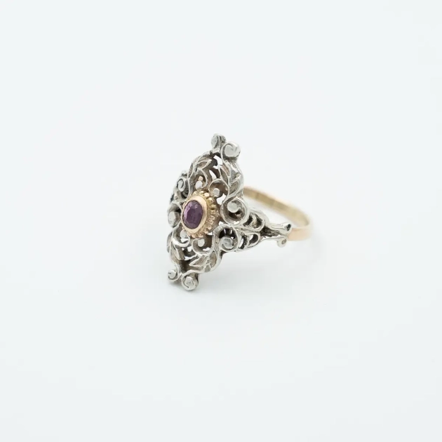 Inel vintage aur 14K, argint si rubin natural