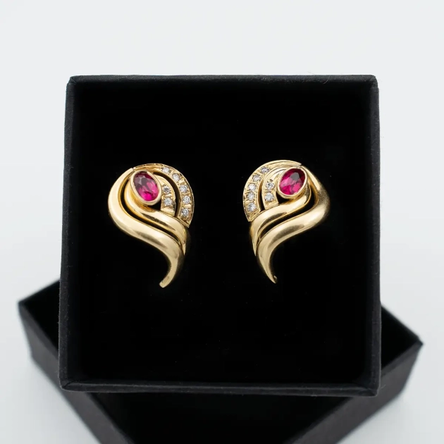 Cercei vintage aur 18K, rubin si diamante