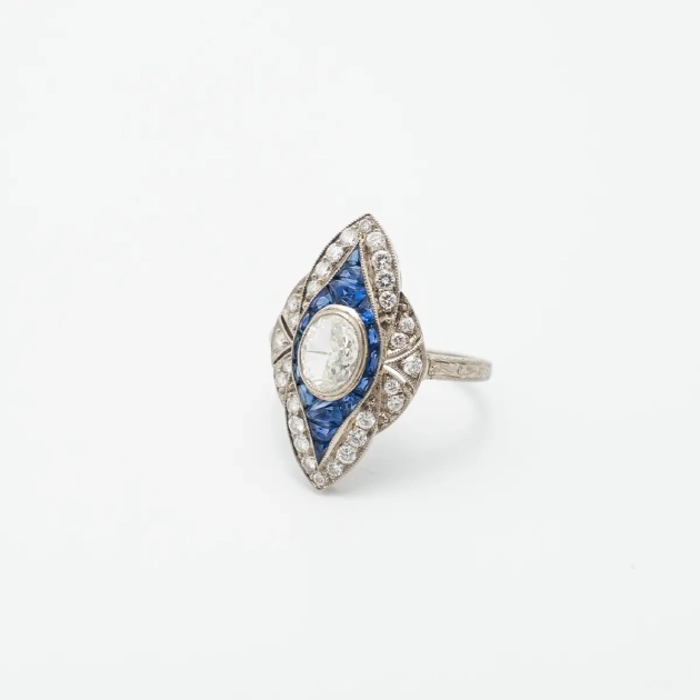 Inel autentic Art Deco, aur 18 K, diamante 2.9 ct, safire 0.6 ct