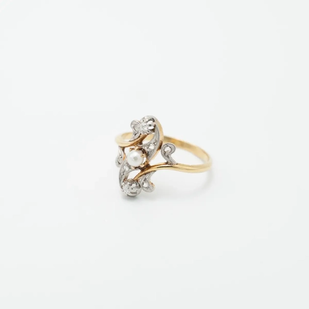 Inel autentic Art Nouveau, aur 18K, diamante