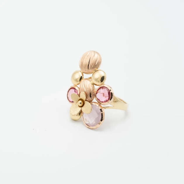 Inel vintage aur 18K, cuartz roz si granate