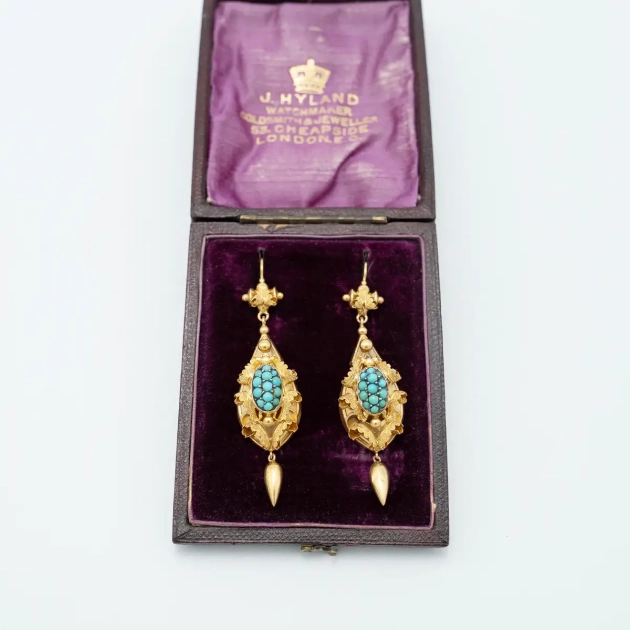 Cercei aur 18K, turcoaz natural, datati 1850
