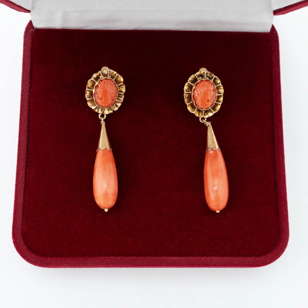 Cercei vintage, aur 18K si coral natural