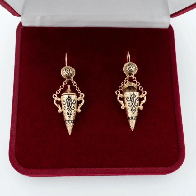 Cercei vintage cu secreter, aur 14K si email