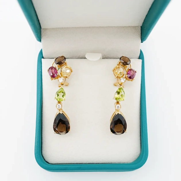 Cercei aur 18K cu diamante, citrin, peridot, cuart fumuriu si granate Pyrope